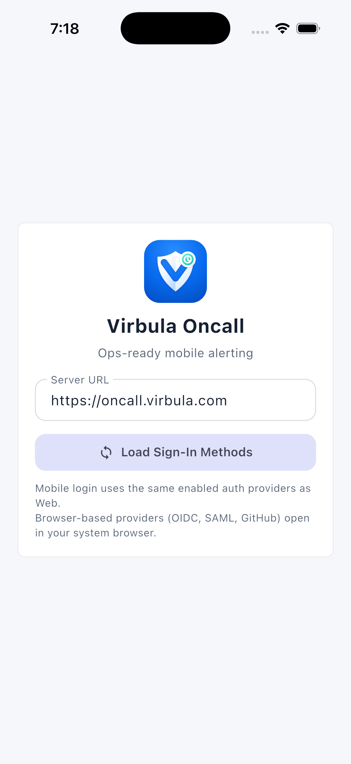Virbula Oncall Mobile sign-in screen on iOS with a company server URL field