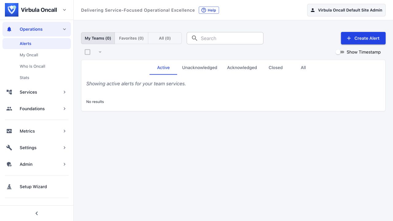 Virbula Oncall server alerts page with operations, services, foundations, settings, and administration navigation